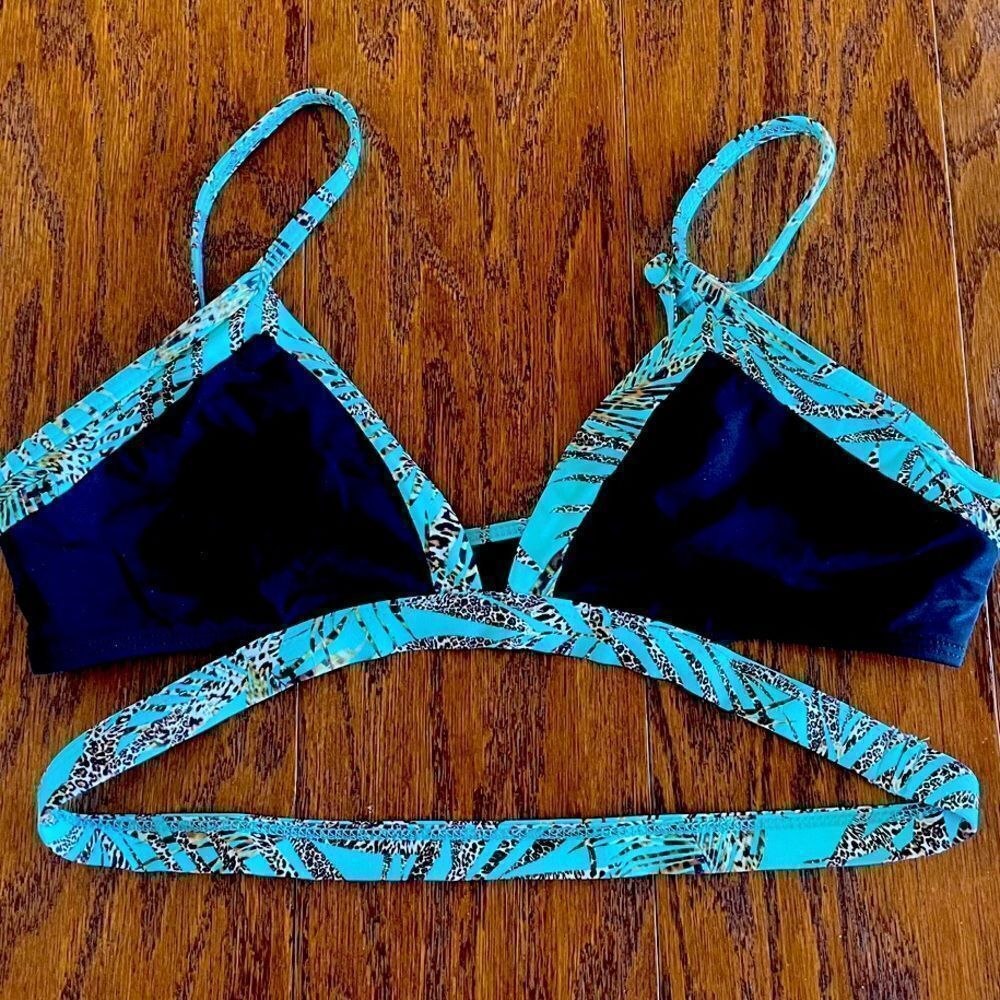 Turquoise and black strappy bikini top